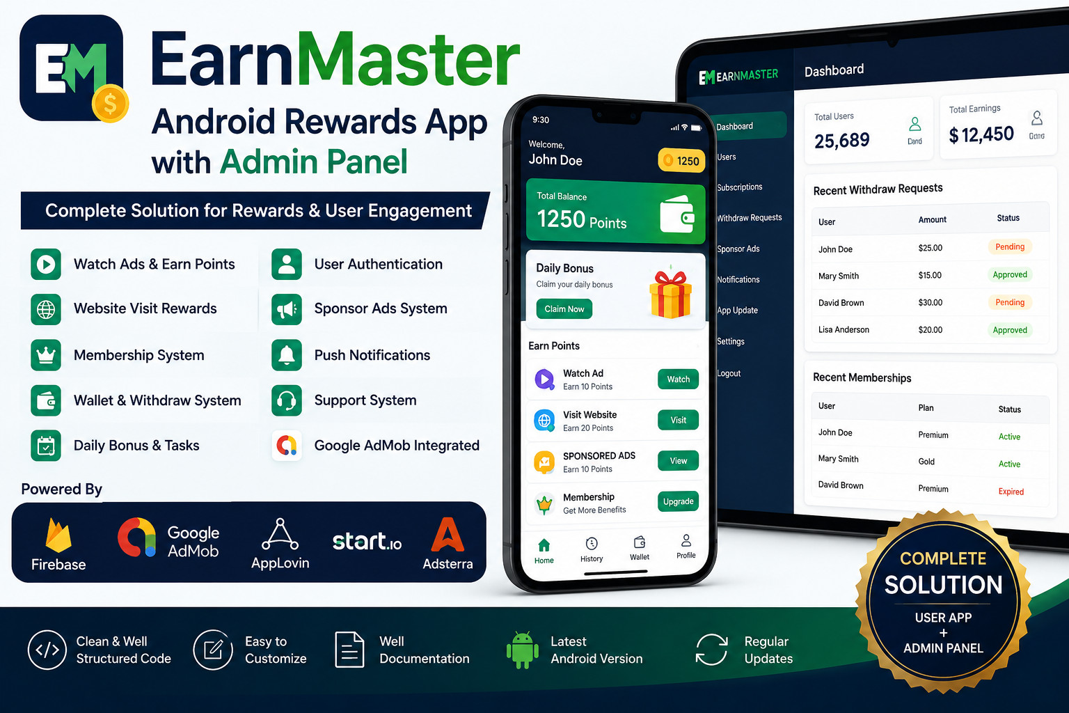 EarnMaster – Android Rewards App + Admin Panel | Firebase | AdMob | Customizable